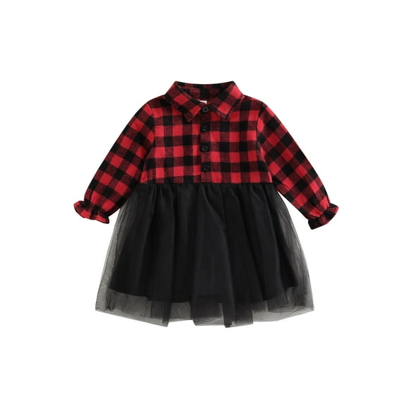 Bagilaanoe Toddler Baby Girl Christmas Dress Long Sleeve A-line Princess Dresses 6M 12M 18M 24M 3T 4T Casual Plaid Tulle Patchwork Sundress