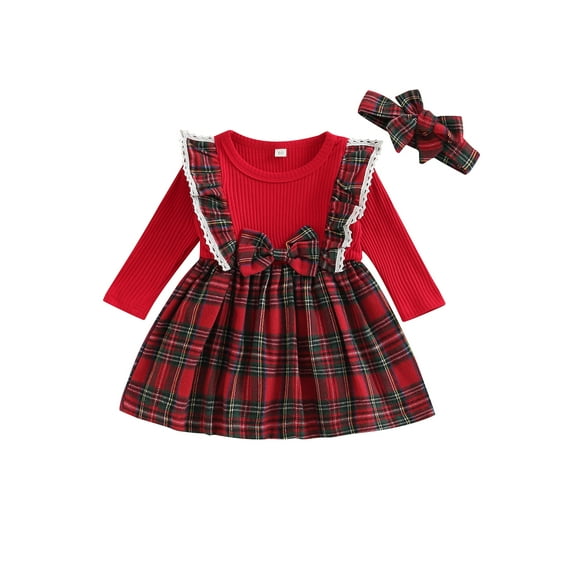 Bagilaanoe Toddler Baby Girl Christmas Dress Plaid Print Ruffle Long Sleeve A-line Dresses Headband 3M 6M 9M 12M 18M 24M 3T Kid Fall Patchwork Tulle Skirt