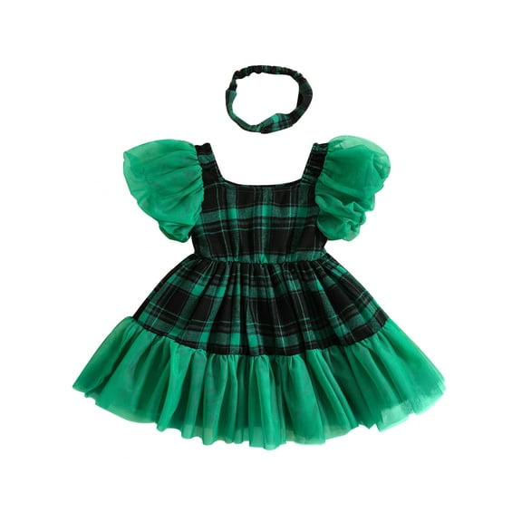 Bagilaanoe Toddler Baby Girl Christmas Dress Plaid Short Sleeve A-line Princess Dresses Headband 6M 12M 18M 24M 3T 4T 5T Kid Fall Patchwork Skirt