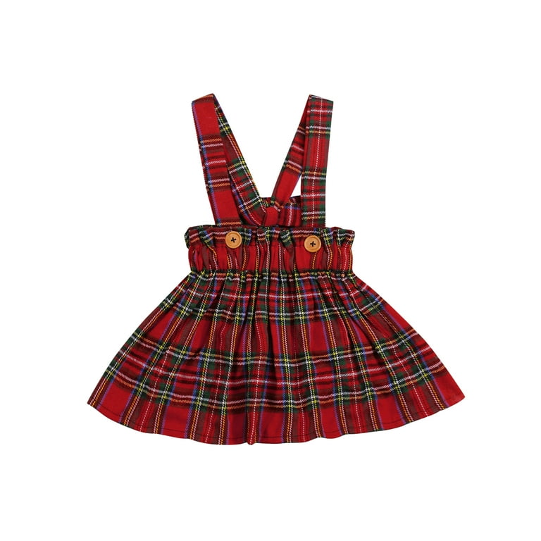 Bagilaanoe Toddler Baby Girl Christmas Dress Suspender Skirt 3M 6M 12M 2T 3T 4T Kids Wide Shoulder Strap Plaid Overalls with Buttons