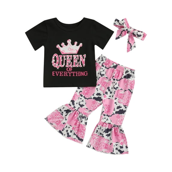Bagilaanoe Toddler Baby Girl Clothes Set Short Sleeve Letter Crown Print T-shirt Tops + Cow Tie-Dye Flared Trousers + Headband 3PCS Summer Outfits