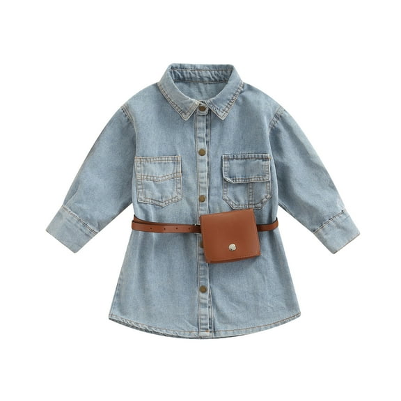 Bagilaanoe Toddler Baby Girl Denim Dress Long Sleeves Shirts Dresses + Waistbag 2T 3T 4T 5T Kids Casual Swing Sundress