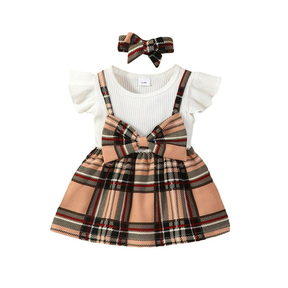 Bagilaanoe Toddler Baby Girl Dress Plaid Print Fly Sleeve A-line Princess Dresses + Headband 3M 9M 12M 18M 24M 3T Kid Patchwork Skirt