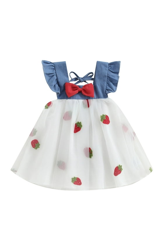Toddler Baby Girl Dress Strawberry Embroidery Fly Sleeve A-line Princess Dresses 9M 12M 18M 24M 3T Kid Summer Patchwork Tulle Skirt