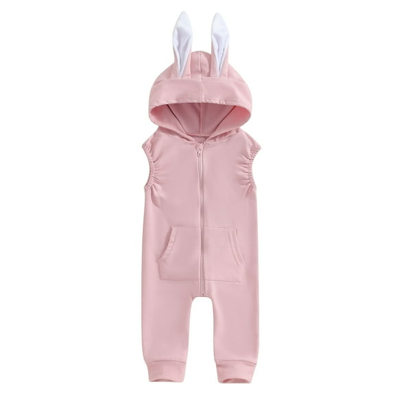 Bagilaanoe Toddler Baby Girl Easter Jumpsuit Rabbit Print Sleeveless Hooded Bodysuit 6M 12M 18M 24M 3T Kids Zipper Up One Piece Romper