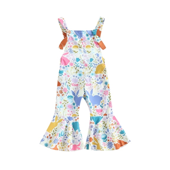 Bagilaanoe Toddler Baby Girl Easter Jumpsuit Sleeveless Rabbits Print Romper Overalls 6M 12M 18M 24M 3T 4T Kids Long Flared Pants Summer Outfits