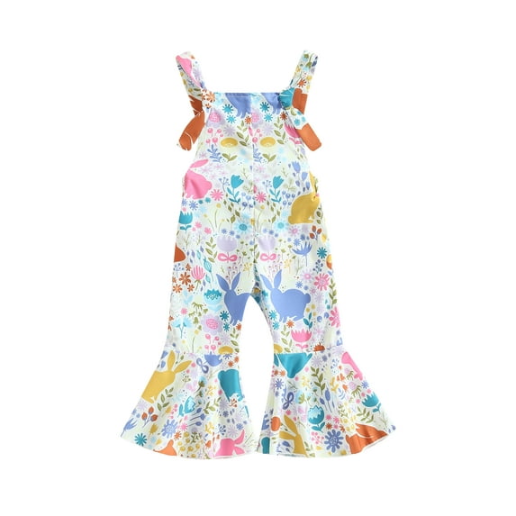 Bagilaanoe Toddler Baby Girl Easter Jumpsuit Sleeveless Rabbits Print Romper Overalls 6M 12M 18M 24M 3T 4T Kids Long Flared Pants Summer Outfits