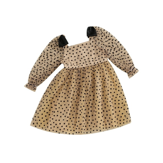 Bagilaanoe Toddler Baby Girl Fall Dress Heart Print Long Sleeve A-line Princess Dresses 2T 3T 4T 5T 6T Kids Tulle Patchwork Dress