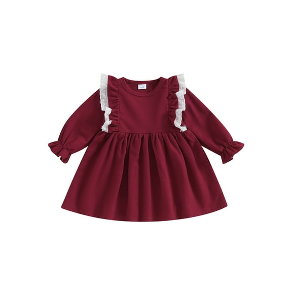Bagilaanoe Toddler Baby Girl Fall Dress Long Sleeve A-line Princess Dresses 6M 9M 12M 18M 24M 3T Kids Ruffled Lace Patchwork Swing Sundress