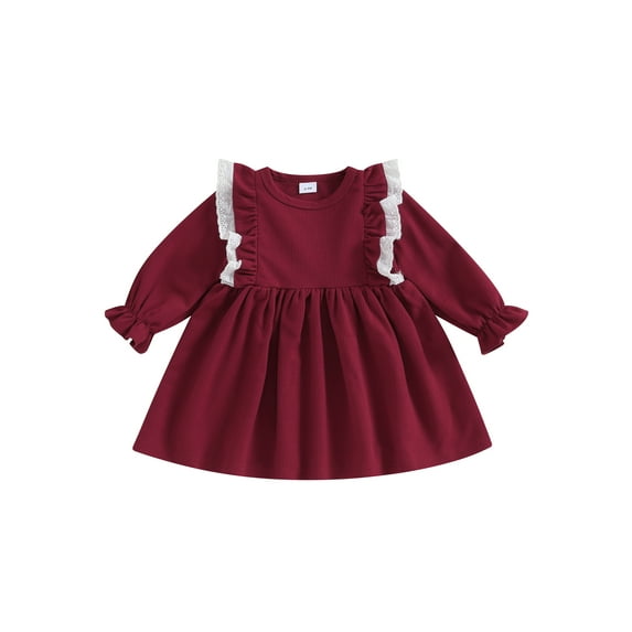 Bagilaanoe Toddler Baby Girl Fall Dress Long Sleeve A-line Princess Dresses 6M 9M 12M 18M 24M 3T Kids Ruffled Lace Patchwork Swing Sundress