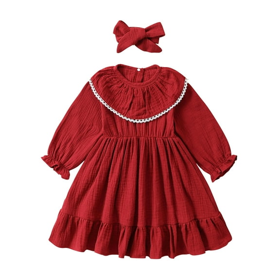 Bagilaanoe Toddler Baby Girl Fall Dress Long Sleeve A-line Princess Dresses Headband 1T 2T 3T 4T 5T 6T Kids Lace Trim Sundress