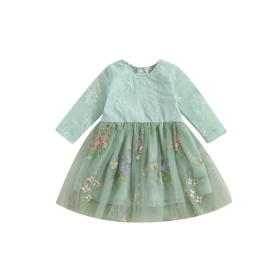 Bagilaanoe Toddler Baby Girl Fall Lace Dress Floral Embroidery Long Sleeve A-line Princess Dresses 6M 12M 2T 3T 4T 5T Kid Fall Patchwork Tulle Skirt
