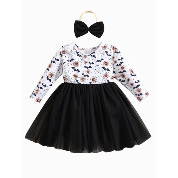 Bagilaanoe Toddler Baby Girl Halloween Dress Floral Print Long Sleeve A-line Princess Dresses + Headband 6M 12M 2T 3T 4T 5T Kid Fall Patchwork Tulle Skirt