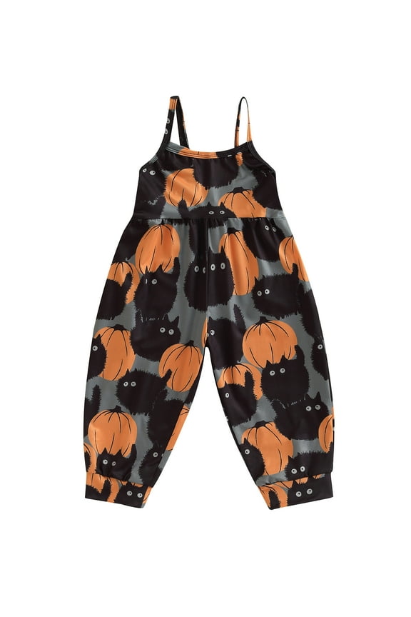 Toddler Baby Girl Halloween Jumpsuit Sleeveless Ghost/Cartoon Cat Pumpkin Print Romper Sling Overalls 1T 2T 3T 4T 5T 6T Kids Long Pants Casual Outfits