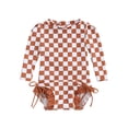 thumbnail image 1 of Bagilaanoe Toddler Baby Girl One-Piece Swimsuit Checkerboard Long Sleeve Zipper Rashguard Swimwear 6M 12M 18M 24M 3T 4T Kids Ruffle Bathing Suit, 1 of 8
