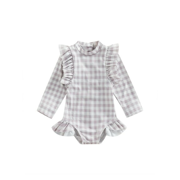 Bagilaanoe Toddler Baby Girl One-Piece Swimsuit Floral/Plaid Print Long Sleeve Zipper Rashguard Swimwear 6M 12M 18M 24M 3T 4T Kids Ruffle Bathing Suit