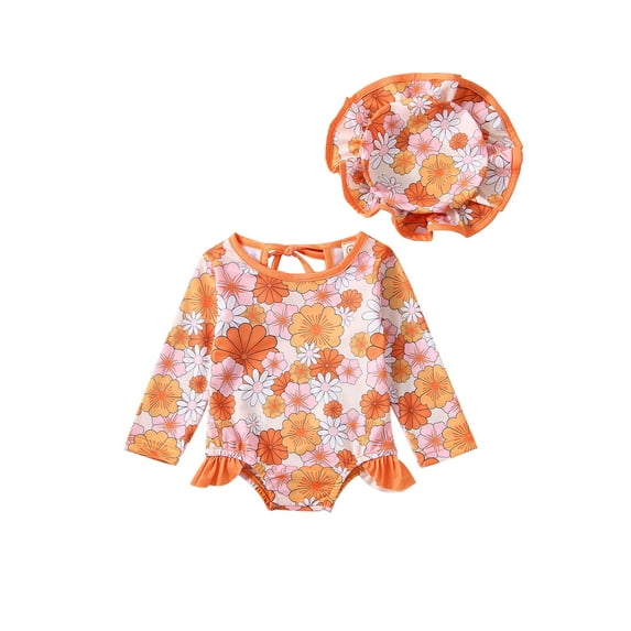 Bagilaanoe Toddler Baby Girl One-Piece Swimsuit Floral Print Long Sleeve Rashguard Swimwear + Swimming 12M 18M 24M 3T 4T 5T Kids Ruffle Bathing Suit