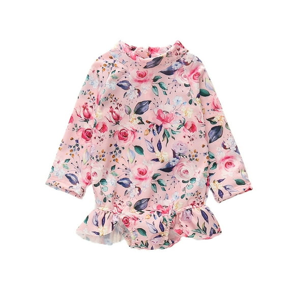 Bagilaanoe Toddler Baby Girl One-Piece Swimsuit Floral Print Long Sleeve Zipper Rashguard Swimwear 12M 18M 24M 3T 4T 5T Kids Ruffle Bathing Suit