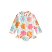 Bagilaanoe Toddler Baby Girl One-Piece Swimsuit Floral Print Long Sleeve Zipper Rashguard Swimwear 12M 18M 24M 3T 4T 5T Kids Ruffle Bathing Suit