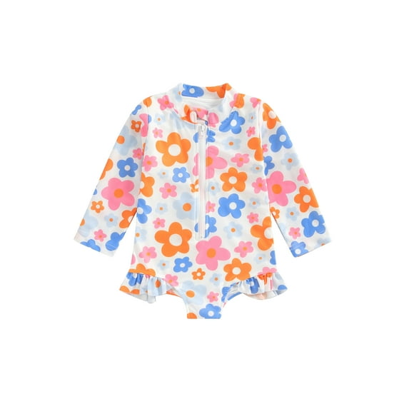 Bagilaanoe Toddler Baby Girl One-Piece Swimsuit Floral Print Long Sleeve Zipper Rashguard Swimwear 12M 18M 24M 3T 4T 5T Kids Ruffle Bathing Suit