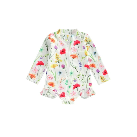 Bagilaanoe Toddler Baby Girl One-Piece Swimsuit Floral Print Long Sleeve Zipper Rashguard Swimwear 12M 18M 24M 3T 4T 5T Kids Ruffle Bathing Suit
