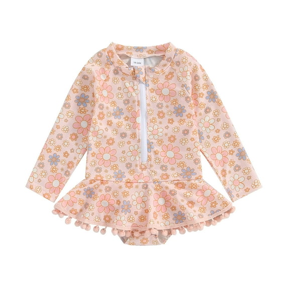 Bagilaanoe Toddler Baby Girl One-Piece Swimsuit Floral Print Long Sleeve Zipper Rashguard Swimwear 18M 24M 3T 4T 5T 6T Kids Ruffle Bathing Suit