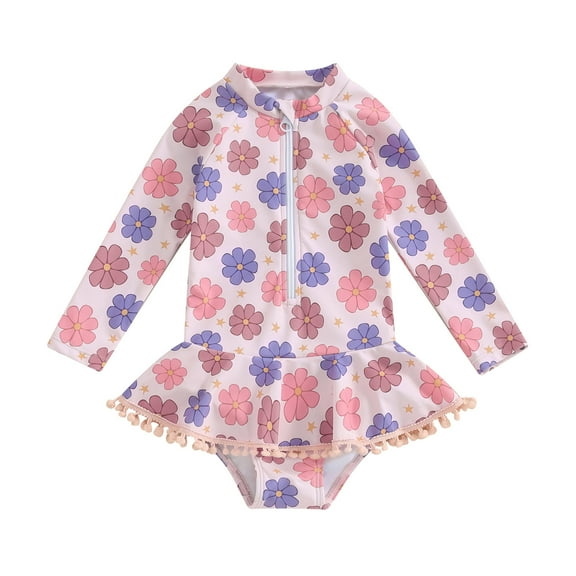 Bagilaanoe Toddler Baby Girl One-Piece Swimsuit Floral Print Long Sleeve Zipper Rashguard Swimwear 1T 2T 3T 4T 5T 6T Kids Ruffle Bathing Suit