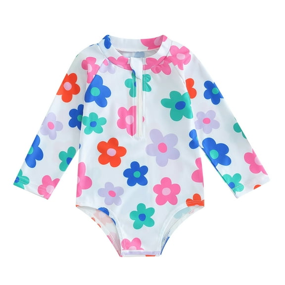 Bagilaanoe Toddler Baby Girl One-Piece Swimsuit Floral Print Long Sleeve Zipper Rashguard Swimwear 3M 6M 12M 18M 24M 3T Kids Ruffle Bathing Suit