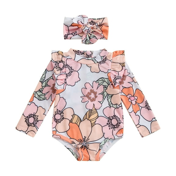 Bagilaanoe Toddler Baby Girl One-Piece Swimsuit Floral Print Long Sleeve Zipper Rashguard Swimwear 3M 6M 12M 18M 24M 3T Kids Ruffle  Bathing Suit