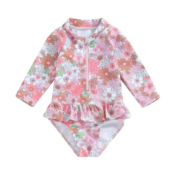 Bagilaanoe Toddler Baby Girl One-Piece Swimsuit Floral Print Long Sleeve Zipper Rashguard Swimwear 6M 12M 18M 24M 3T 4T Kids Bathing Suit