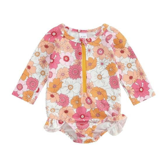 Bagilaanoe Toddler Baby Girl One-Piece Swimsuit Floral Print Long Sleeve Zipper Rashguard Swimwear 6M 12M 18M 24M 3T 4T Kids Ruffle Bathing Suit