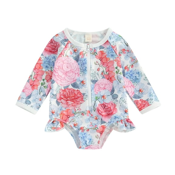 Bagilaanoe Toddler Baby Girl One-Piece Swimsuit Floral Print Long Sleeve Zipper Rashguard Swimwear 6M 12M 18M 24M 3T 4T Kids Ruffle Bathing Suit