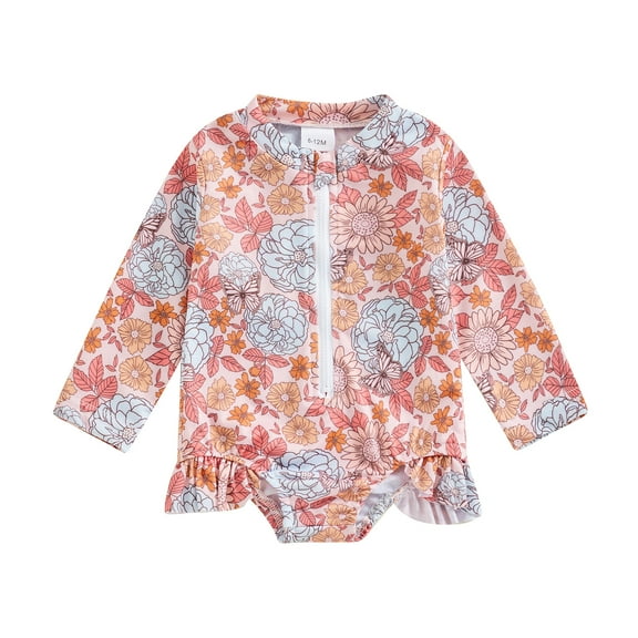 Bagilaanoe Toddler Baby Girl One-Piece Swimsuit Floral Print Long Sleeve Zipper Rashguard Swimwear 6M 12M 18M 24M 3T Kids Ruffle Bathing Suit