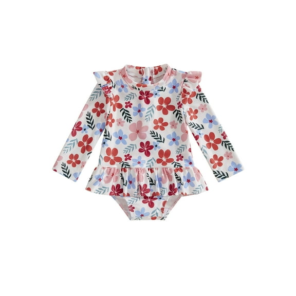Bagilaanoe Toddler Baby Girl One-Piece Swimsuit Floral Print Long Sleeve Zipper Rashguard Swimwear 6M 9M 12M 18M 24M 3T Kids Ruffle Bathing Suit