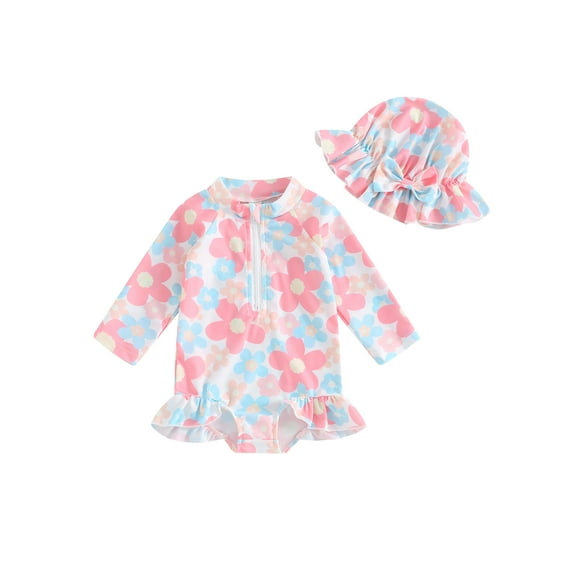 Bagilaanoe Toddler Baby Girl One-Piece Swimsuit Floral Print Long Sleeve Zipper Rashguard Swimwear   Sun Hat 6M 12M 18M 24M 3T 4T 5T Kids Ruffle Bathing Suit