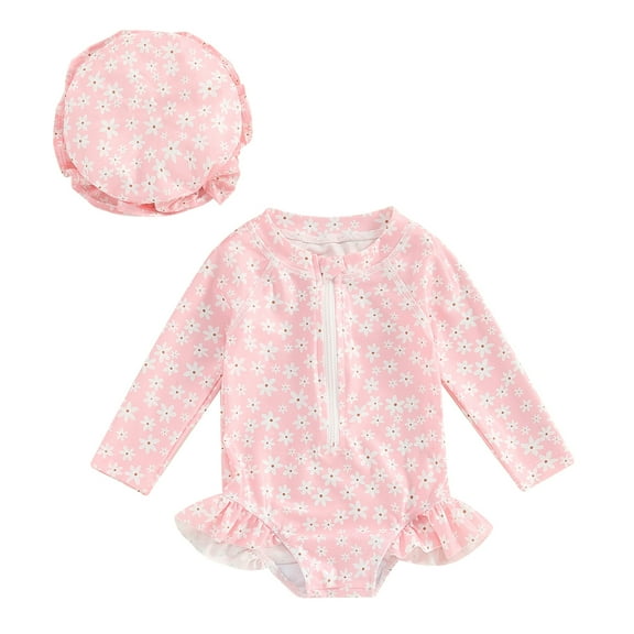 Bagilaanoe Toddler Baby Girl One-Piece Swimsuit Floral Print Long Sleeve Zipper Rashguard Swimwear   Swimming Cap 6M 9M 12M 18M 24M 3T Kids Ruffle Bathing Suit
