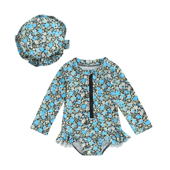Bagilaanoe Toddler Baby Girl One-Piece Swimsuit Floral Print Long Sleeve Zipper Rashguard Swimwear + Swimming Cap 6M 9M 12M 18M 24M 3T Kids Ruffle Bathing Suit