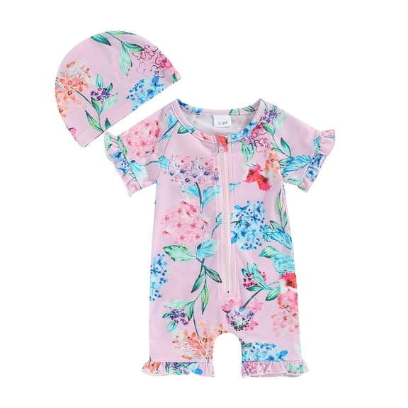 Bagilaanoe Toddler Baby Girl One-Piece Swimsuit Floral Print Short Sleeve Zipper Rashguard Swimwear + Swimming Cap 3M 6M 9M 12M 18M 24M 3T Kids Jumpsuit Bathing Suit