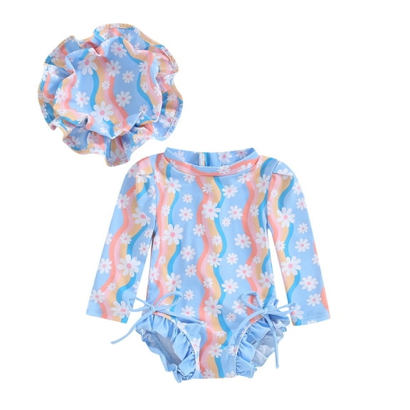 Bagilaanoe Toddler Baby Girl One-Piece Swimsuit Floral Rainbow Print Long Sleeve Zipper Rashguard Swimwear + Swimming Cap 6M 12M 18M 24M 3T 4T Kids Ruffle Bathing Suit