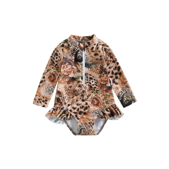 Bagilaanoe Toddler Baby Girl One-Piece Swimsuit Flower Leopard Print Long Sleeve Zipper Rashguard Swimwear 12M 18M 24M 3T 4T 5T 6T Kids Ruffle Bathing Suit