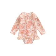 Bagilaanoe Toddler Baby Girl One-Piece Swimsuit Flower Print Long Sleeve Rashguard Swimwear 9M 12M 18M 24M 3T 4T Kids Ruffle Bathing Suit Beachwear