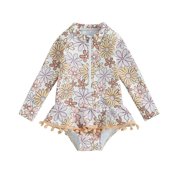 Bagilaanoe Toddler Baby Girl One-Piece Swimsuit Flower Print Long Sleeve Zipper Rashguard Swimwear 12M 24M 3T 4T 5T 6T Kids Ruffle Bathing Suit