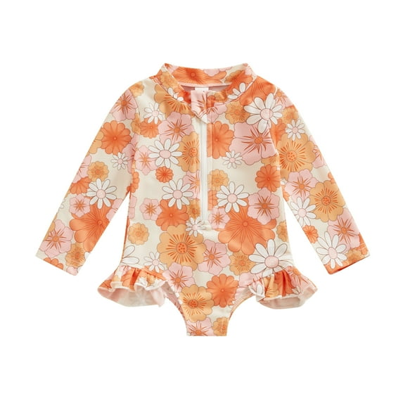 Bagilaanoe Toddler Baby Girl One-Piece Swimsuit Flower Print Long Sleeve Zipper Rashguard Swimwear 6M 12M 18M 24M 3T 4T Kids Ruffle Bathing Suit