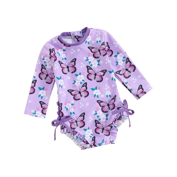 Bagilaanoe Toddler Baby Girl One-Piece Swimsuit Flower Print Long Sleeve Zipper Rashguard Swimwear 6M 12M 18M 24M 3T Kids Ruffle Bathing Suit