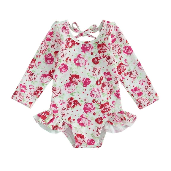 Bagilaanoe Toddler Baby Girl One-Piece Swimsuit Flower Print Long Sleeve Zipper Rashguard Swimwear 6M 12M 18M 24M 3T Kids Ruffle Bathing Suit