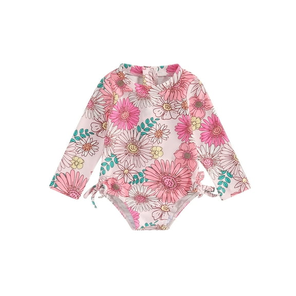 Bagilaanoe Toddler Baby Girl One-Piece Swimsuit Flower Print Long Sleeve Zipper Rashguard Swimwear 6M 9M 12M 18M 24M 3T Kids Ruffle Bathing Suit