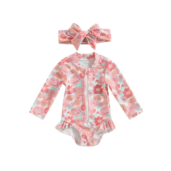 Bagilaanoe Toddler Baby Girl One-Piece Swimsuit Flower Print Long Sleeve Zipper Rashguard Swimwear + Headwear 6M 9M 12M 18M 24M 3T Kids Ruffle Bathing Suit