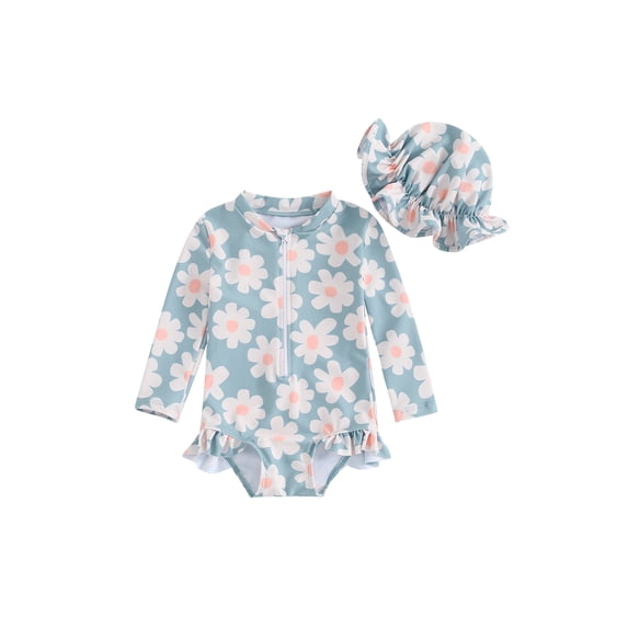 Bagilaanoe Toddler Baby Girl One-Piece Swimsuit Flower Print Long Sleeve Zipper Rashguard Swimwear + Swimming Cap 6M 12M 18M 24M 3T 4T Kids Ruffle Bathing Suit