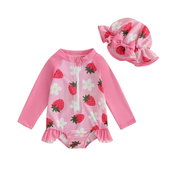 Bagilaanoe Toddler Baby Girl One-Piece Swimsuit Flower Print Long Sleeve Zipper Rashguard Swimwear + Swimming Cap 6M 12M 18M 24M 3T Kids Ruffle Bathing Suit