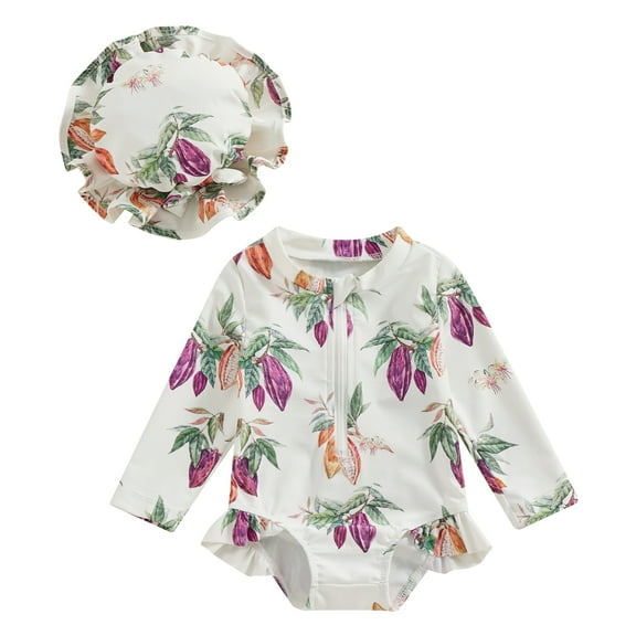 Bagilaanoe Toddler Baby Girl One-Piece Swimsuit Fruit Print Long Sleeve Zipper Rashguard Swimwear   Swimming Cap 6M 9M 12M 18M 24M 3T Kids Ruffle Bathing Suit